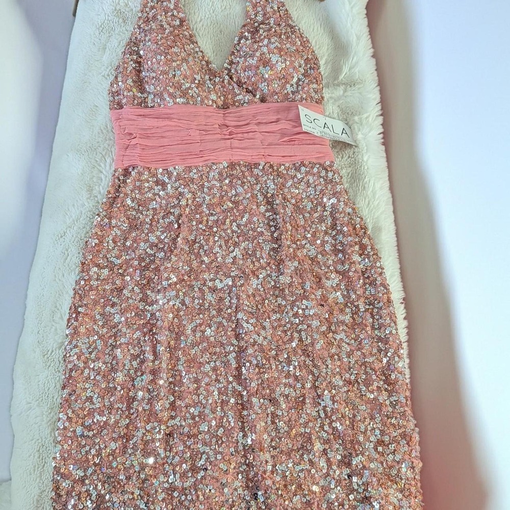Vintage Y2K  Scala pink sequin halter dress‎ 100% Silk